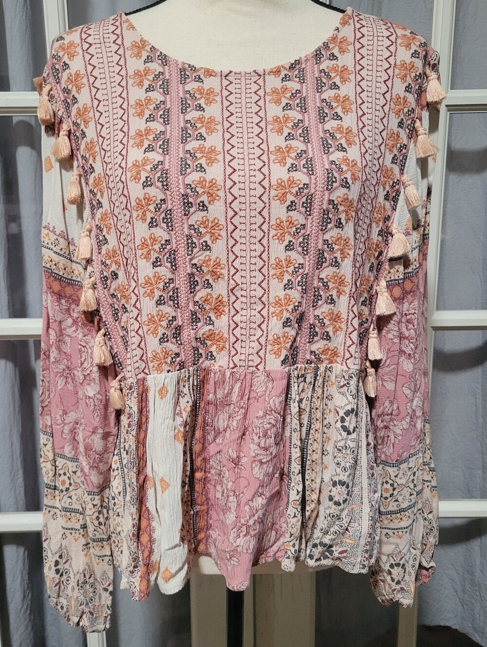 American Eagle Outfitters Pink Floral Tassel Peasant Top